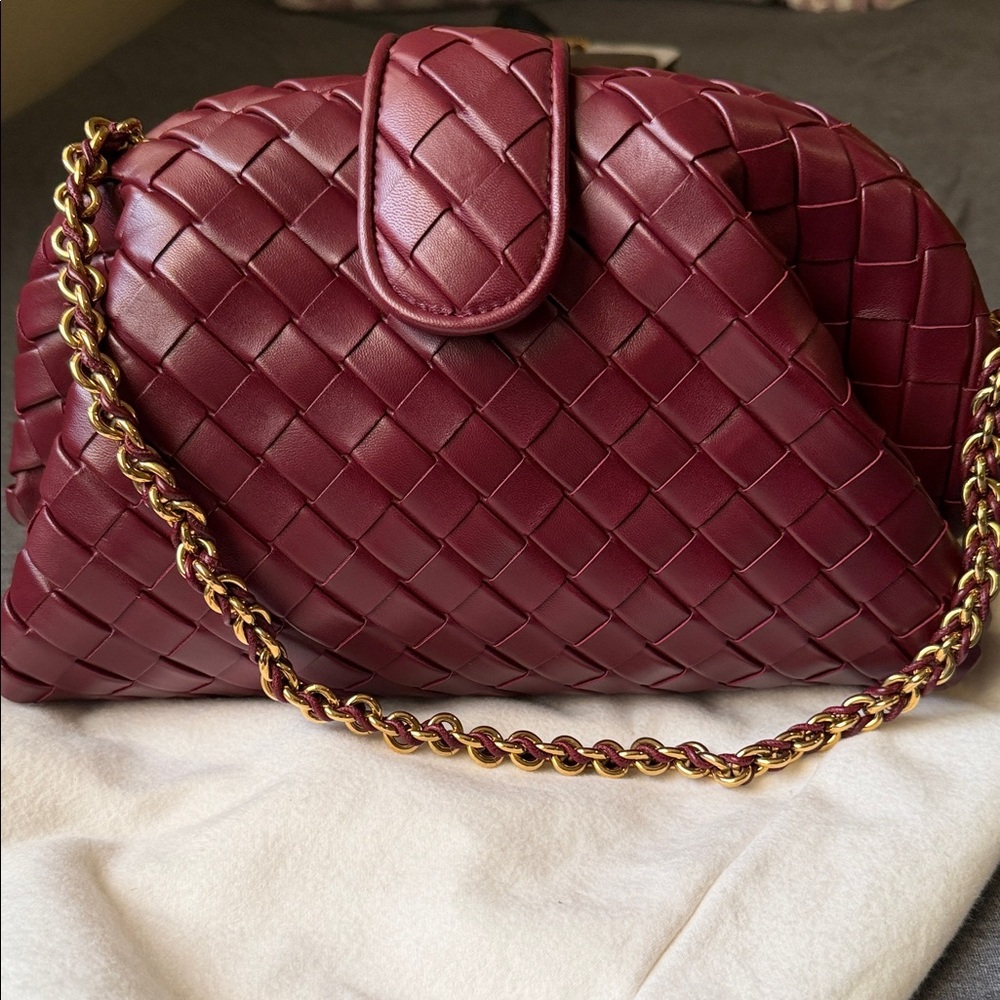 Bottega Veneta Lauren Intrecciato Woven Shoulder Bag in Burgundy with Gold Chain